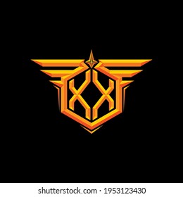 Mirrored of letter X and wing of frame with 3D effect. Gold color. Initial logo, brand. Suitable for gaming, hobby, military or business brand.