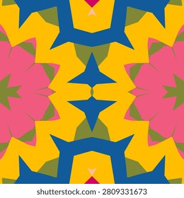 Mirrored ornamental composition in cerise, deep orange, honey gold, olive drab, dark cyan, ocean blue, punch pink, warm apricot, retro mexican fiesta style