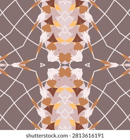 Mirrored ornamental composition with sand, golden rod, copper, brick red, chalk pink, quartz, rose ash, deep taupe on a earth burnt sienna palette