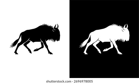 Um gráfico de silhueta espelhada de um gnu em execução contra fundos brancos e pretos contrastantes