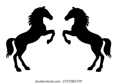 A mirrored silhouette illustration of two powerful horses rearing up on their hind legs together
