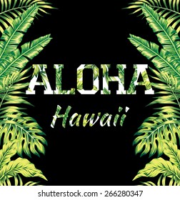 Mirrored trendy style illustration für tropische exotische Palmenbananblätter mit floralem Slogan Aloha Hawaii, nahtlose Vektorgrafik auf schwarzem Hintergrund