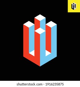 Mirrored twin Letter U monogram logo design in stylish 3D look art. Vector logo with red, white, blue color, in Eps 8.