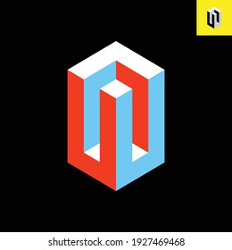 Diseño del logotipo de la letra U de dos mellizos con un diseño de diseño en 3D. Logo vector con color rojo, blanco, azul, Eps 8.