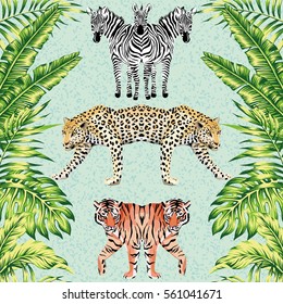 mirroring composition of tropical animals zebra leopard tiger. Palm leaves in trendy green style on a blue background