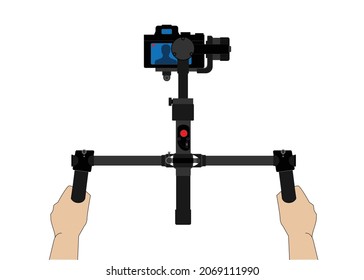 Mirrorless camera on 3-axis Gimbal with handheld by photographer