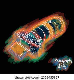 Mirrorless camera with telephoto lens with water painting design for photography day template