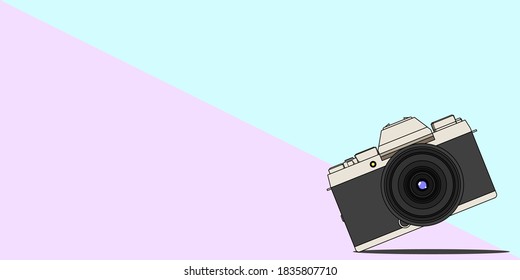 Mirrorless Camera vector on blue and pink color background, flat color vector background.