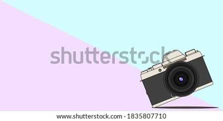 Mirrorless Camera vector on blue and pink color background, flat color vector background.