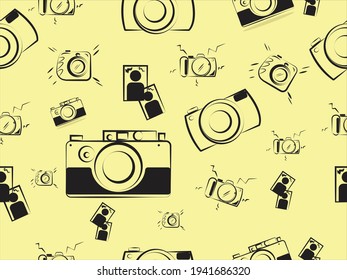 mirrorless digital camera doodle on yellow background. line art concept 
