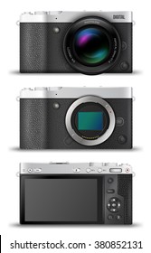 Mirrorless  digital photo cameras with open matrix. lens and back view to scren and interface, MILC retro black metal  designs.  Vector  illustration