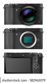 Mirrorless  digital photo cameras with open matrix. lens and bakc view to scren and interface, MILC retro black metal  designs.  Vector  illustration