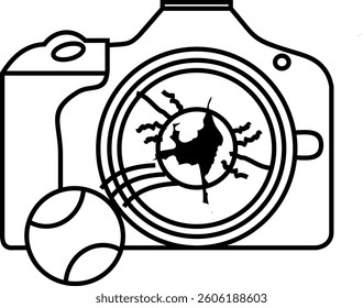 Mirrorless DSLR camera icon design vector symbol illustration with cracked lens and tennis ball