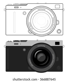 Mirrorless interchangeable lens digital photo camera, MILC with popular retro silver with leather design. Generalized design, not copy of any exist camera. Flat and outline variants of vector