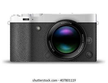 Mirrorless interchangeable lens digital photo camera,. Generalized design, not copy of any exist camera. Realistic vector EPS10 illustration 