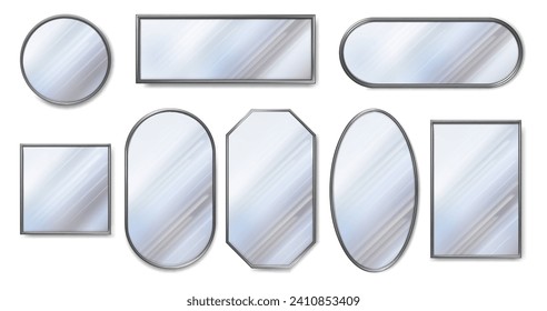 Mirrors of different geometric shapes with glossy textures. Vector isolated reflecting glass surfaces. Square and rectangular figure, oval and circle. Interior design and decoration for home