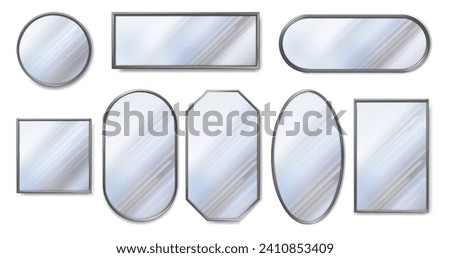 Mirrors of different geometric shapes with glossy textures. Vector isolated reflecting glass surfaces. Square and rectangular figure, oval and circle. Interior design and decoration for home