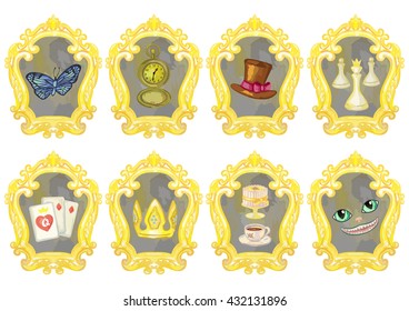 Mirrors with fairy tale elements on white background. Vector illustration of wonderland objects