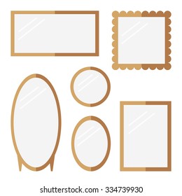 Mirrors isolated icons on white background. Collection of modern wooden mirrors. Flat style vector illustration. 