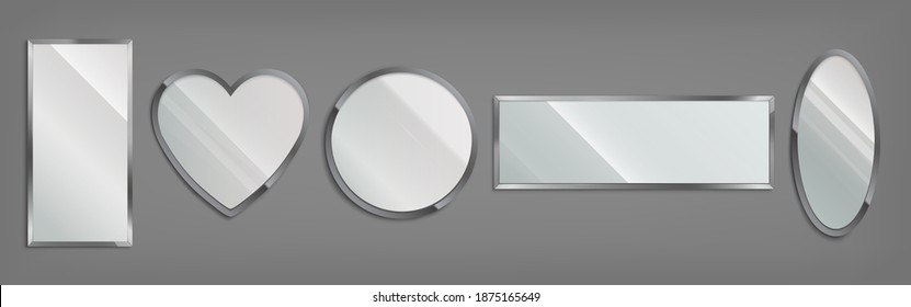 Mirrors in metal frame in shape of circle, heart, oval and rectangle isolated on gray background. Vector realistic set of glossy glass mirrors with chrome border. Modern decoration for bathroom