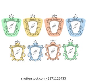 Espejos con reflejos.Accesorio antiguo.Espejo mágico.Espejo de doodle dibujado a mano con corona.Espejo de marco decorativo del borde. Elementos vectores de un cuento de hadas. Aislados sobre fondo blanco.
