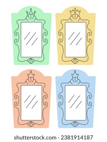 Mirrors with reflections.Antique accessory.Princes magical mirror.Hand drawn doodle mirror with crown.Mirror frame decorate border. Vector elements of a fairytale.Isolated on white background.