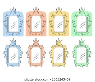 Mirrors with reflections.Antique accessory.Princes magical mirror.Hand drawn doodle mirror with crown.Mirror frame decorate border. Vector elements of a fairytale.Isolated on white background.