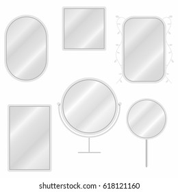 Mirrors set in different forms with blurry reflection. Vintage and modern mirrors. Vector