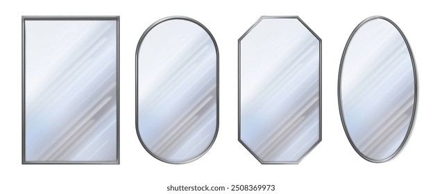Mirrors set of different shapes. Vector realistic wooden and metallic frames in form of rectangle and ellipse, hexagon and oval. Design for interior furniture. Reflecting glass surfaces