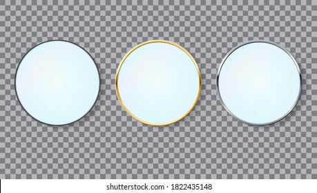 Mirrors set realistic circle Silver and gold frame, white mirrors template. Realistic design for interior furniture. Reflecting glass surfaces isolated. 