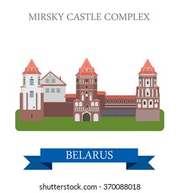 Mirsky Castle Complex in Grodno Belarus. Flat cartoon style historic sight showplace attraction web site vector illustration. World countries cities vacation travel sightseeing collection.