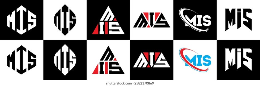 MIS letter logo design in six style. MIS polygon, circle, triangle, hexagon, flat and simple style with black and white color variation letter logo set in one artboard. MIS minimalist and classic logo