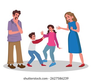 Misbehaving children fighting, sibling disagreement, and worried parents.