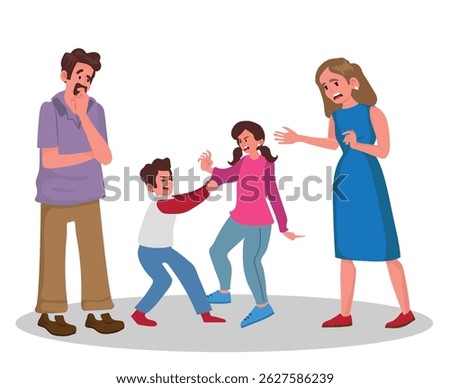 Misbehaving children fighting, sibling disagreement, and worried parents.