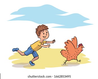 Misbehavior boy chase hen on farm yard. Child play running after domestic bird. Funny naughty kid character. Bad behavior in village. Fun recreation at countryside. Vector illustration