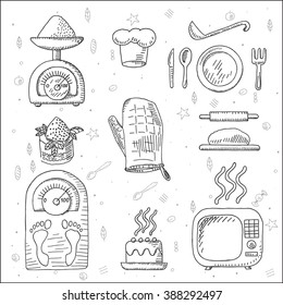 Misc bakery utensil, cake, pastry and dessert icons set, in sketch drawing style, for   restaurant and  cafe design