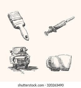 Misc drawings set with brush, syringe, car and cup, in engraving etching sketch hand drawing style