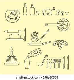 Misc food and utensil cooking icon set. Modern thin line style illustration. For restaurant and cafe design 