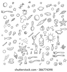 Misc hand drawn doodle sketch element icons, for restaurant food, cafe, and  cooking design