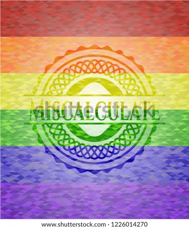 Miscalculate emblem on mosaic background with the colors of the LGBT flag