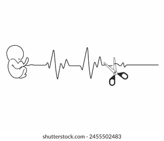 miscarriage or abortion loss pregnancy fetus baby with heart beat pulse cut off with scissors vector illustration