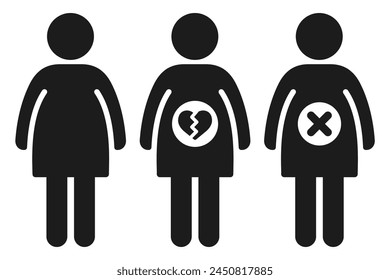 Miscarriage and abortion, loss of a pregnancy icon set. Woman stick figure with symbol of broken heart and cross in her belly. Vector pictogram. 