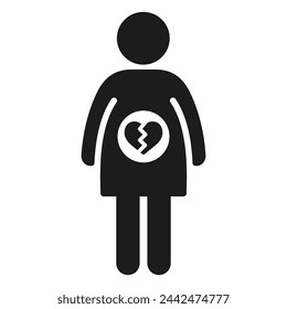 Miscarriage, loss of a pregnancy icon. Woman stick figure with symbol of broken heart in her belly. Vector pictogram. 