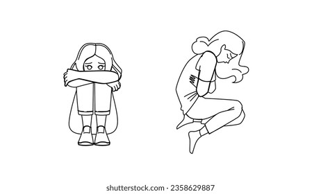 miscarriage woman vector. sad grief, anxiety depression, sorrow girl, stress abortion, pain depressed miscarriage woman character. people black line illustration