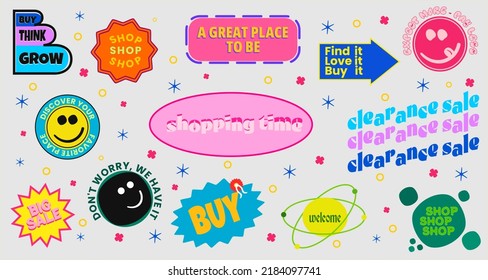 Miscellaneous abstract background with cute shopping sticker pack. Trendy and cool badge vector design element eps 10