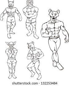 Miscellaneous animal mascots. Vector set. Characters with human body and animal head.