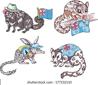 Miscellaneous australian animals with flags. Set of vector illustrations.