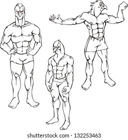 Miscellaneous bird mascots. Vector set. Characters with human body and animal head.