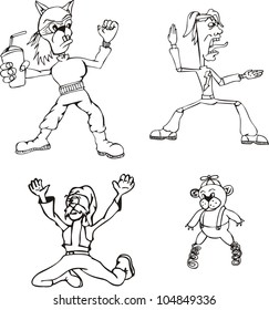 Miscellaneous Cartoon Characters. Set of black and white vector illustrations.