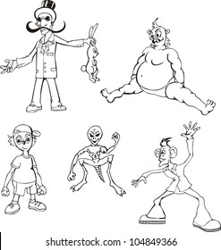 Miscellaneous Cartoon Characters. Set of black and white vector illustrations.